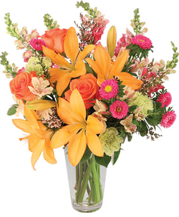 Sunset Lilies & Roses Flower Arrangement in Jacksboro, TN | Petals of Grace